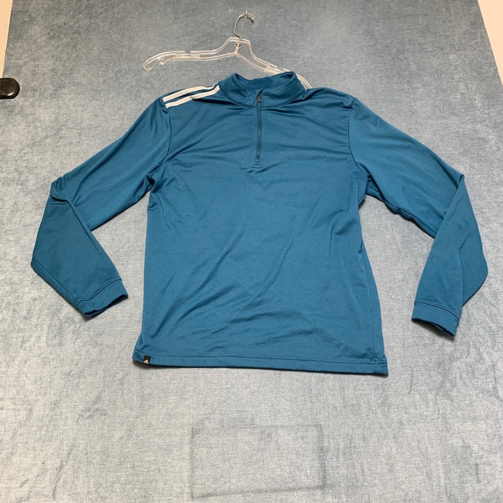 Adidas Top Mens Small Blue 3 Stripes Mock Neck Running Activewear Quarter Zip